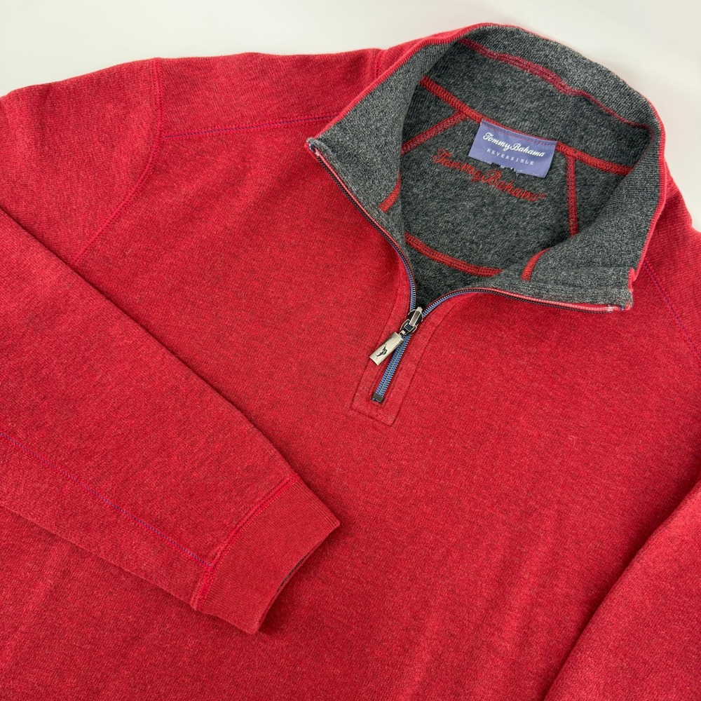Tommy Bahama Quarter Zip Pullover Mens XL Red Reversible Cotton Sweater Coastal